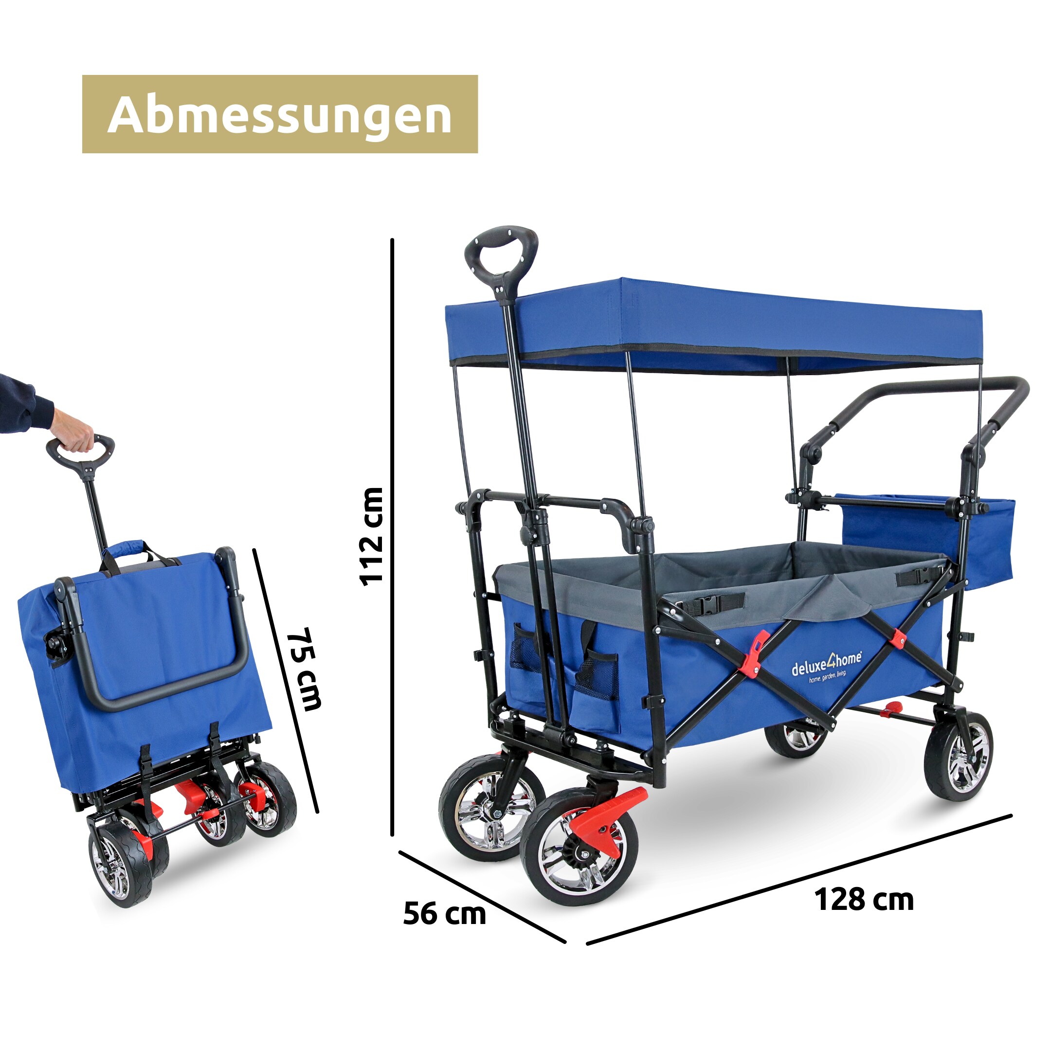 deluxe4home® Bollerwagen | Transportwagen faltbar mit Dach | Schwarz/Grau