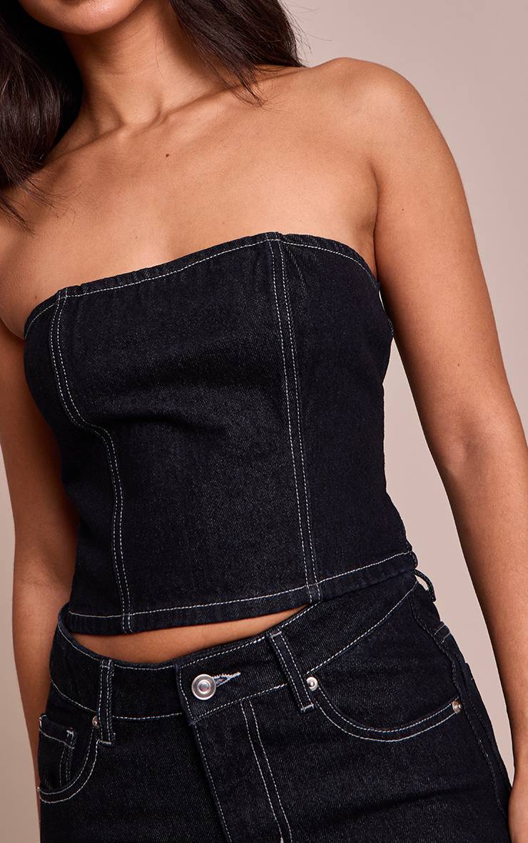 Bleu Indigo Top Bandeau En Denim Avec Détails De Coutures Petite