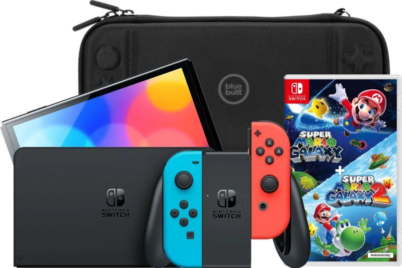 Nintendo Switch OLED Blauw/Rood + Super Mario Galaxy 1+2 + BlueBuilt Beschermhoes