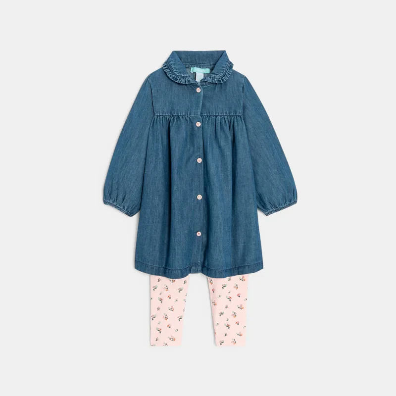 Robe denim léger et legging côtelé fleuri bébé fille Bleu