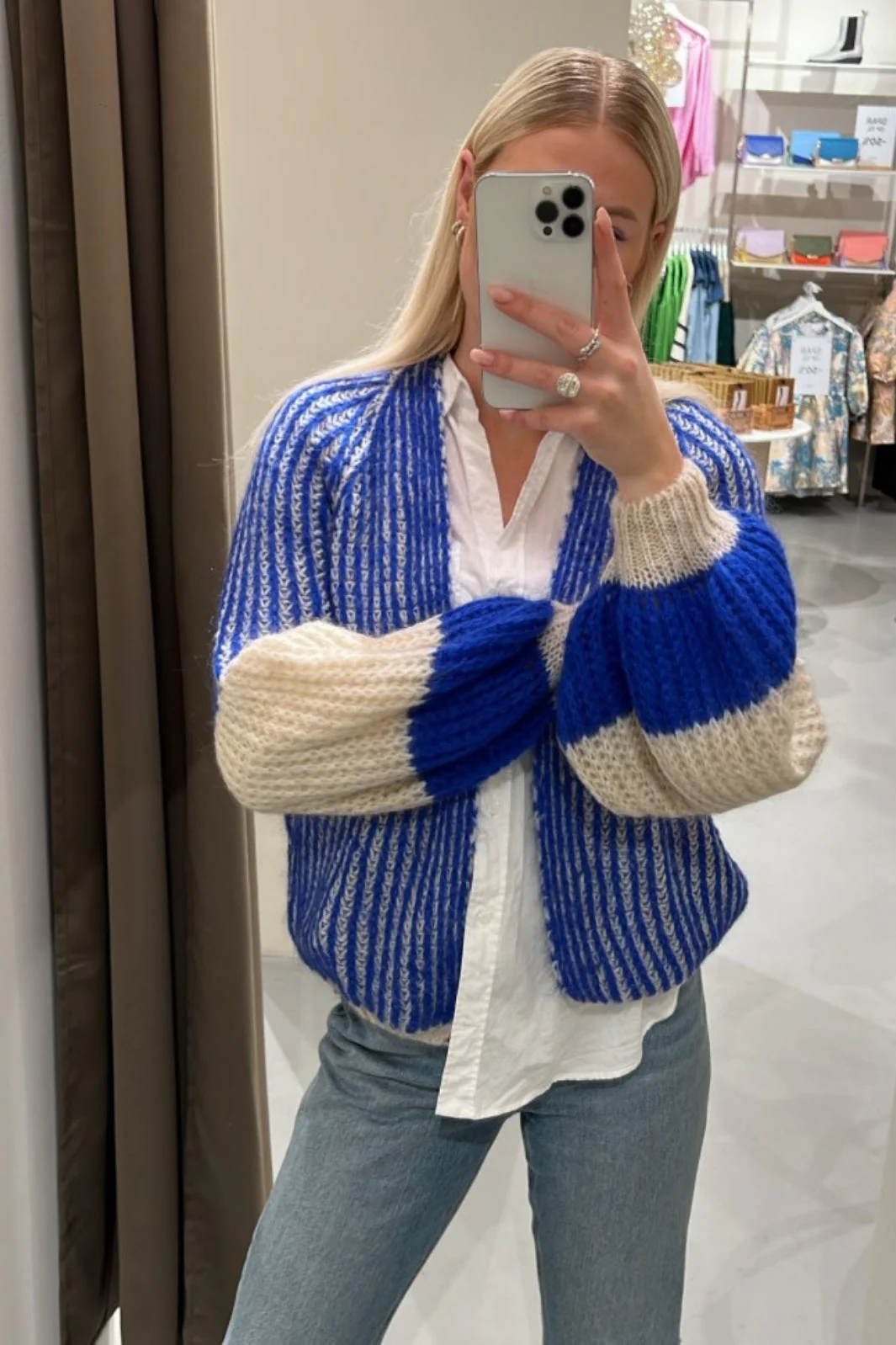 Noella Liana Knit Cardigan cream cobalt blue