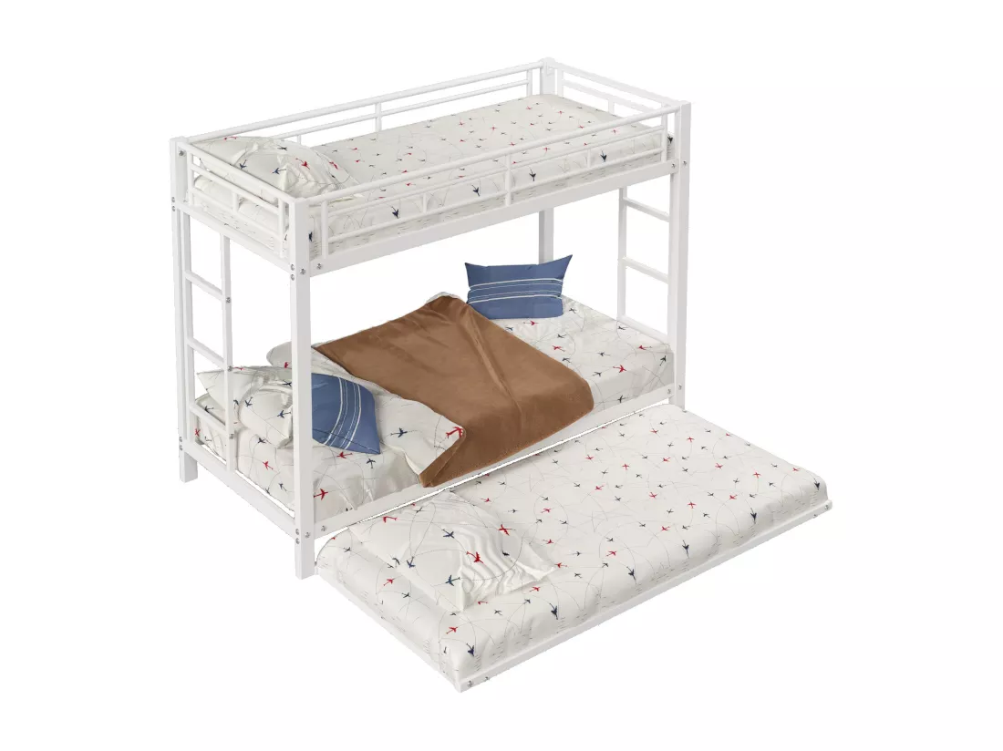 90*200 cm Lit superposé, lit en fer, lit pour enfant, équipé d'un lit escamotable, garde-corps hauts, structure robuste, blanc