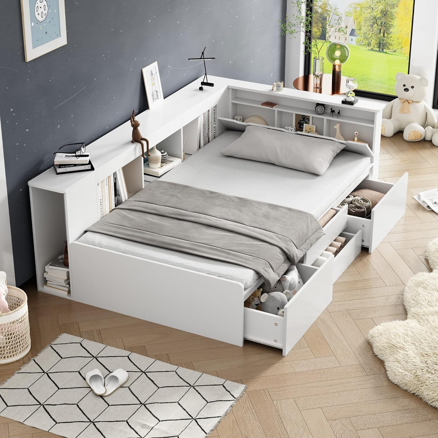 Kinderbett 90x200, Multifunktionales Holzbett mit Schubladen, Bücherregal und Stauschrank, Stauraumbett mit Lattenrost & Bettkasten, Funktionsbett Jugendbett Bettgestell aus Holz, ohne Matratze, Weiß