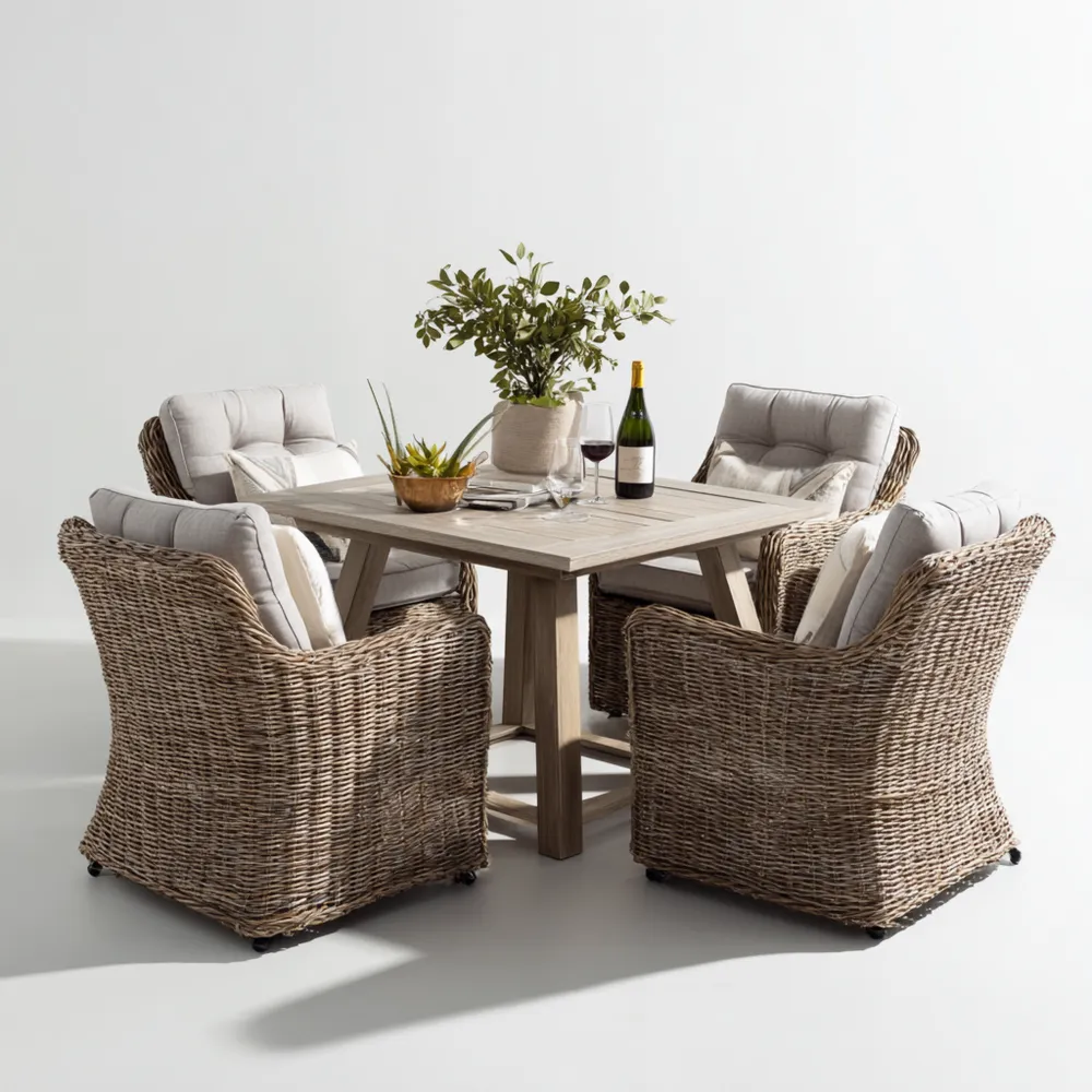 Garten-Esstisch-Set Rattan 4 Stühle - 120x120x75 cm - Natur/Grau - Kla