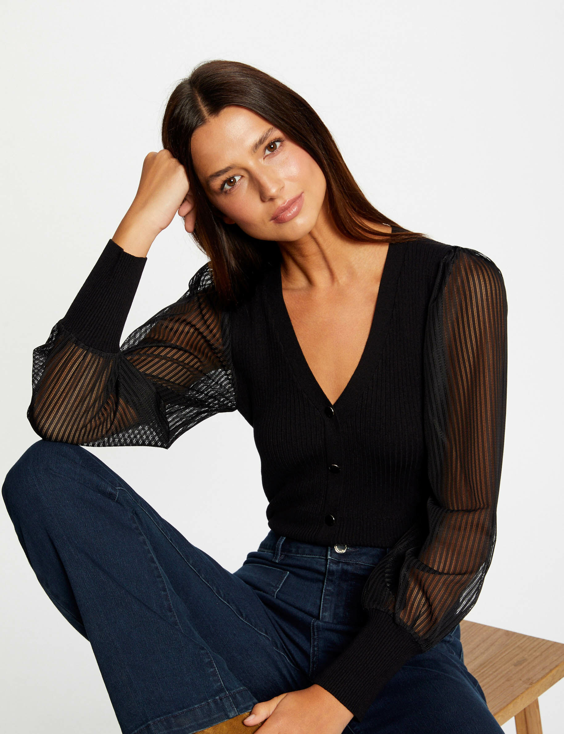 Pull manches longues en dentelle noir femme - noir