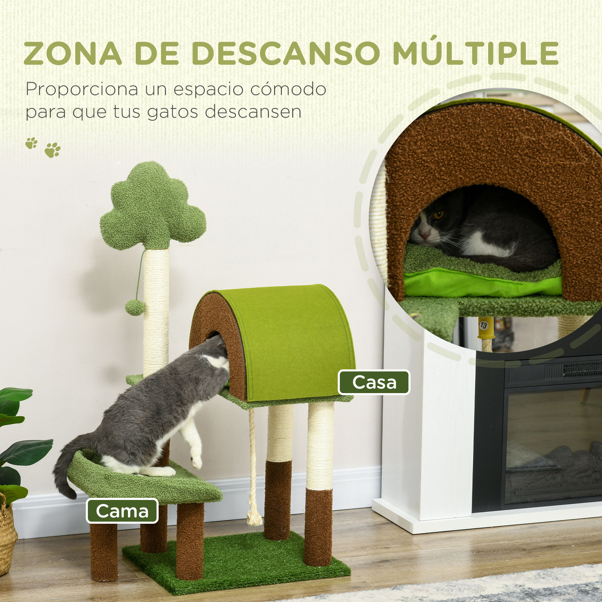Arranhador PawHut tamanho médio para gatos, 107 cm, torre para gatos, centro de atividades para gatinhos com ninho, poste de sisal, grama artificial e bola pendurada, 49x40x107 cm, verde.