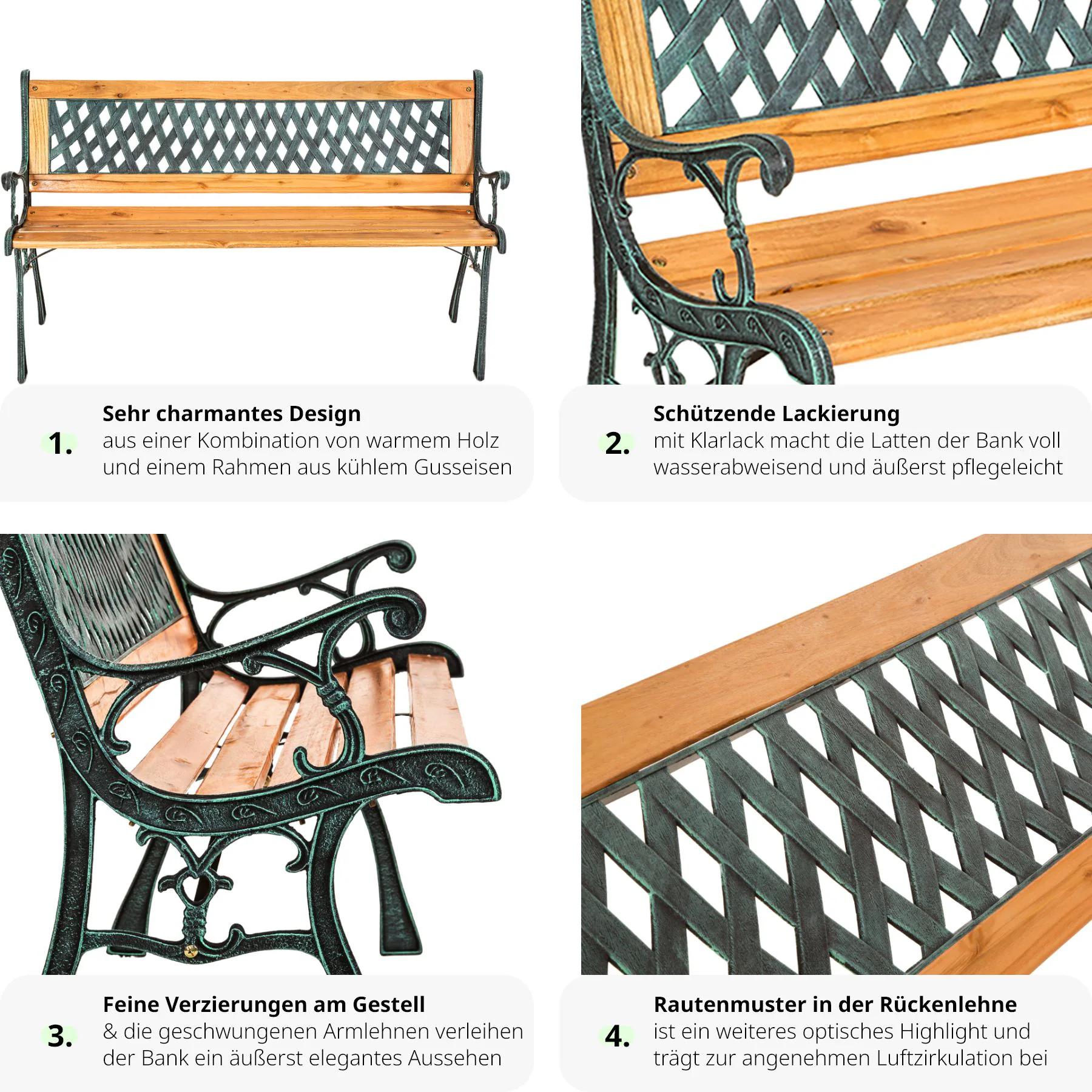 tectake® Gartenbank, 2-Sitzer, wetterfest, 128 x 51 x 73 cm