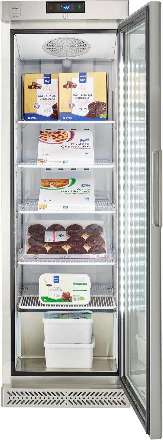 METRO Professional Gefrierschrank GSC240N, Edelstahl/Glas, 59.5 x 64 x 188.5 cm, 240 L, Luftkühlung, 550 W, mit Schloss, silber
