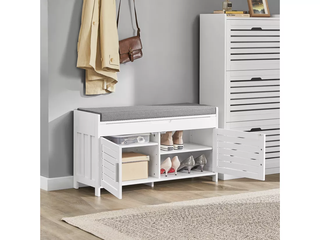 Banc De Rangement Avec Coussin Rembourré Meuble Bas Entrée Commode À Chaussure, Fsr102-w