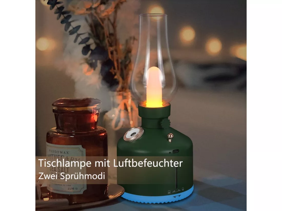 NETTLIFE Lampe de table LED Cadeau de Noël Lampe de chevet Batterie Lampe de table Sans fil Vintage Humidificateur Vert Lampe de parfum Cadeau