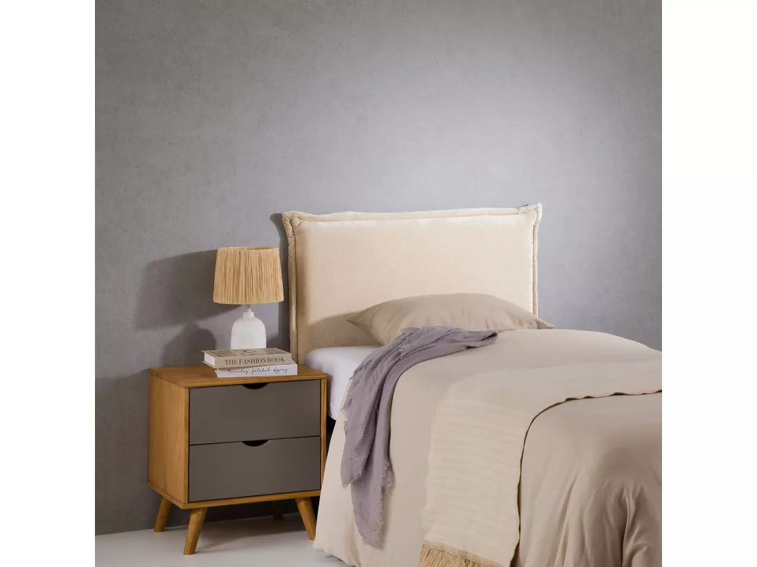 Tête de lit DELMO 90 rembourrée, En tissu polyester pour lit 90 cm, Sur pieds en bois, Blanc crème