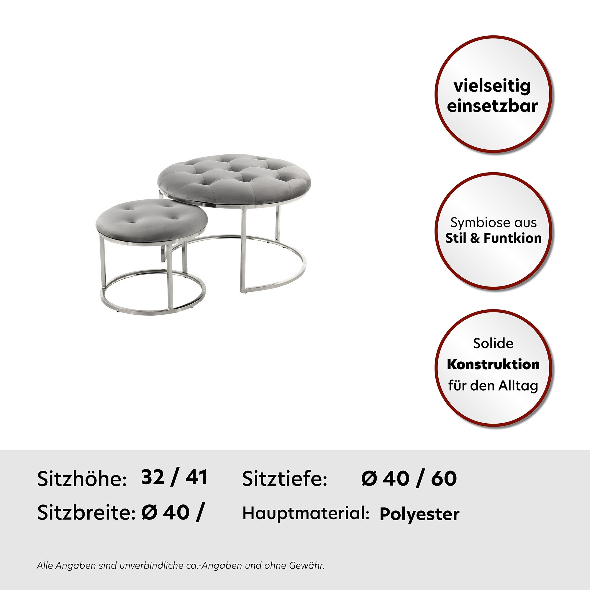 Kayoom Sitzhocker »Hocker Myla 2er-Set, praktisch ineinander schiebbar« Set, 2 Stk. tlg. ineinander schiebbar, rund, gesteppt, mit Zierknöpfen