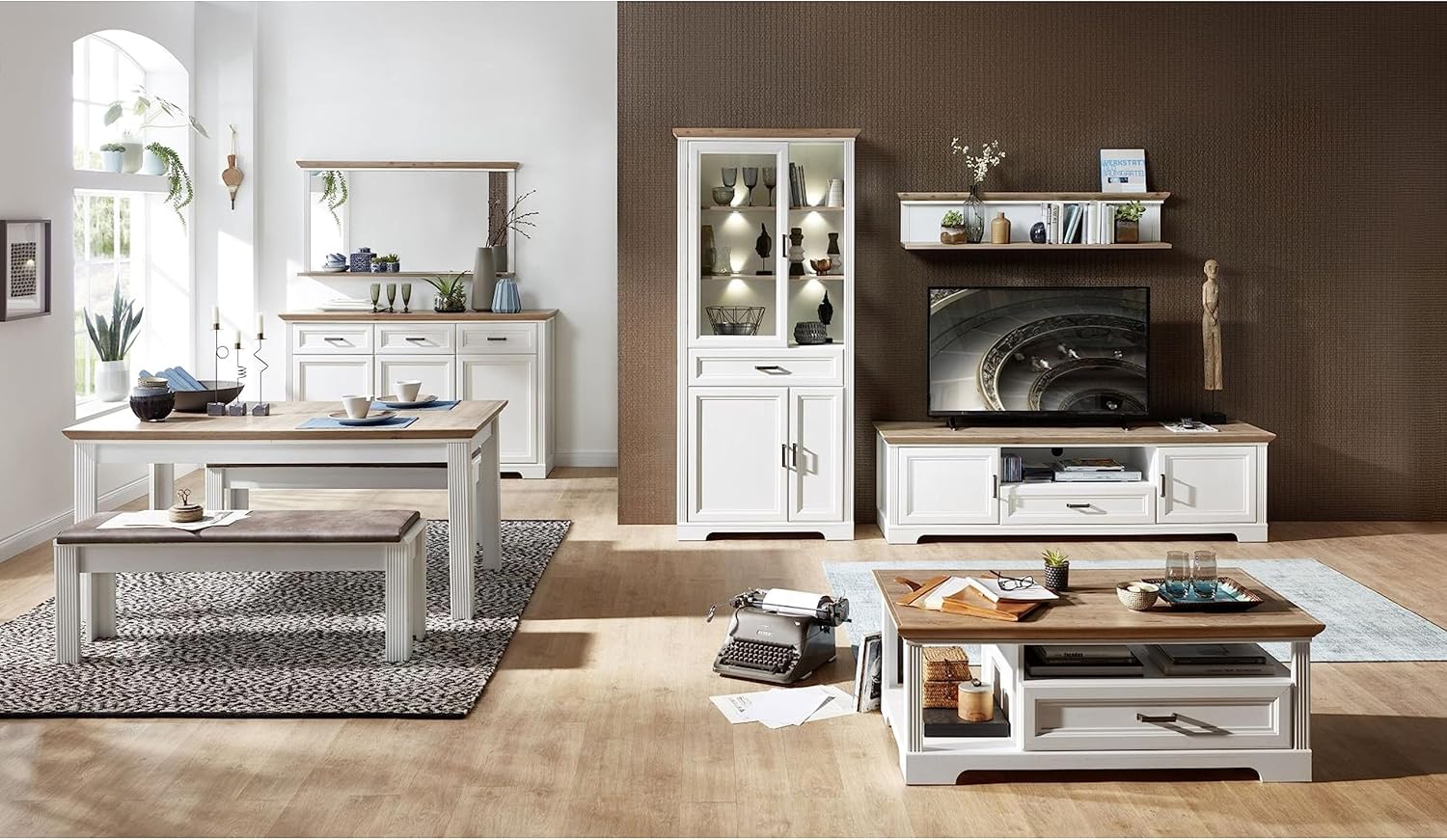 JASMIN Große Vitrine in Pinie hell, Artisan Eiche Optik - Vitrinenschrank mit LED-Beleuchtung und viel Stauraum im Landhausstil - 93 x 204 x 42 cm (B/H/T)