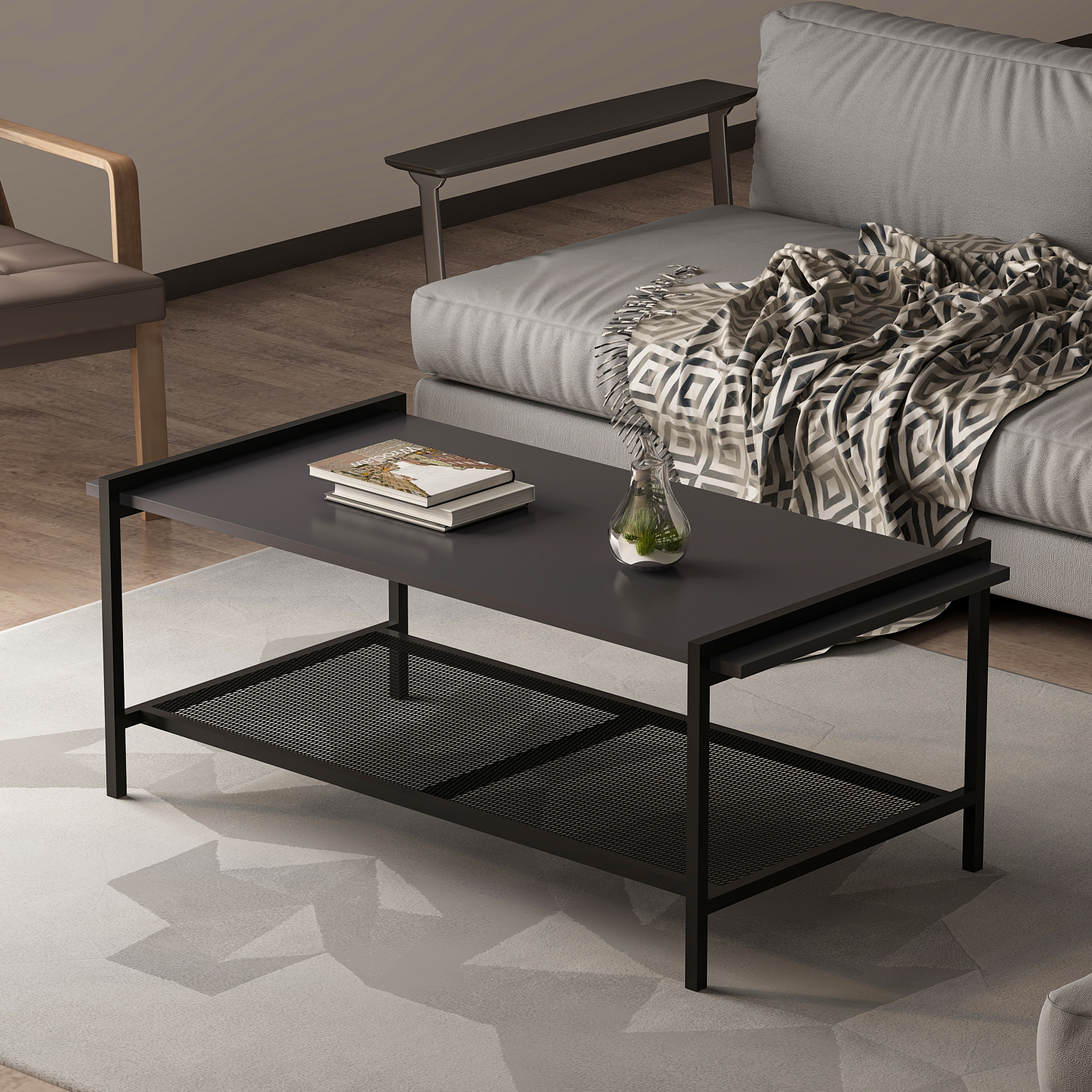 Couchtisch - grau-schwarz - mit Ablage - 120 cm