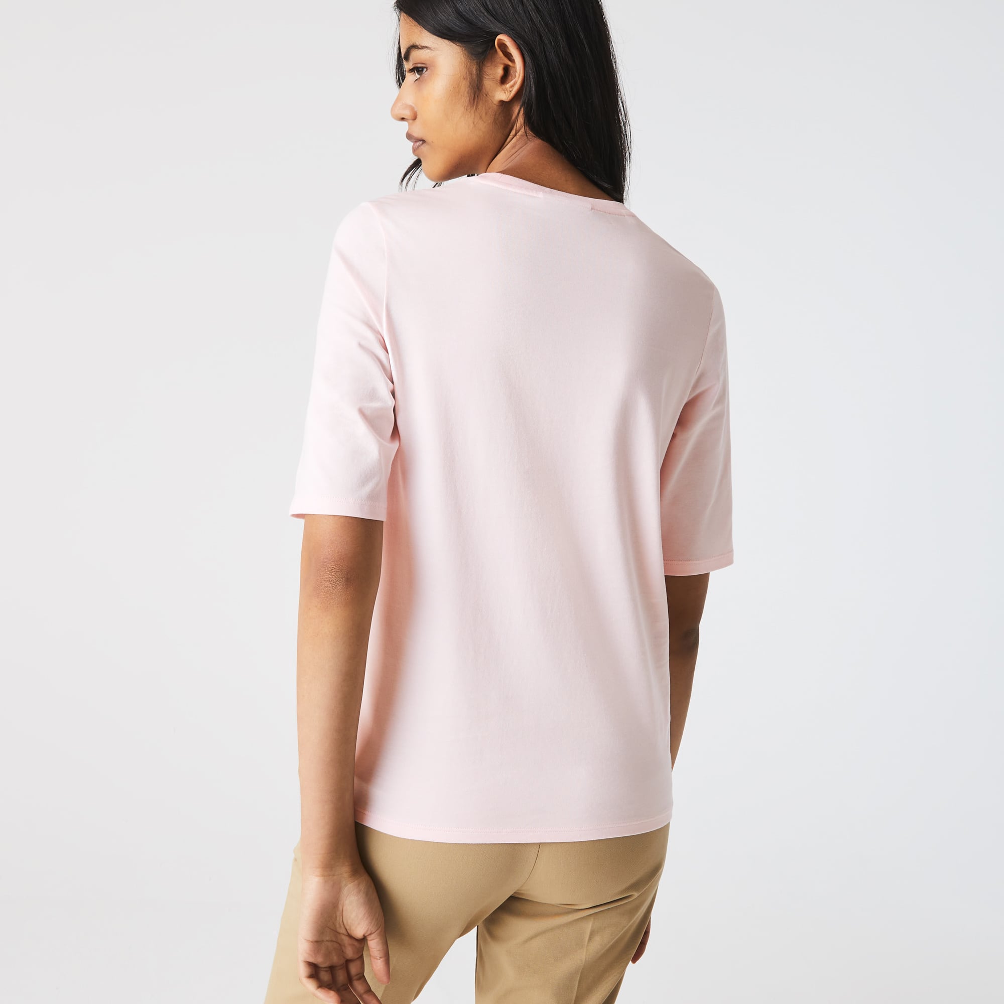 T-shirt à col rond et manches trois-quarts en coton uni T-Shirts - Rose - Lacoste - Femme