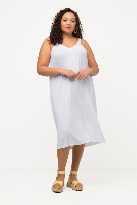 Kleid, Kräuselung, A-Linie, Midilänge, V-Ausschnitt, ärmellos