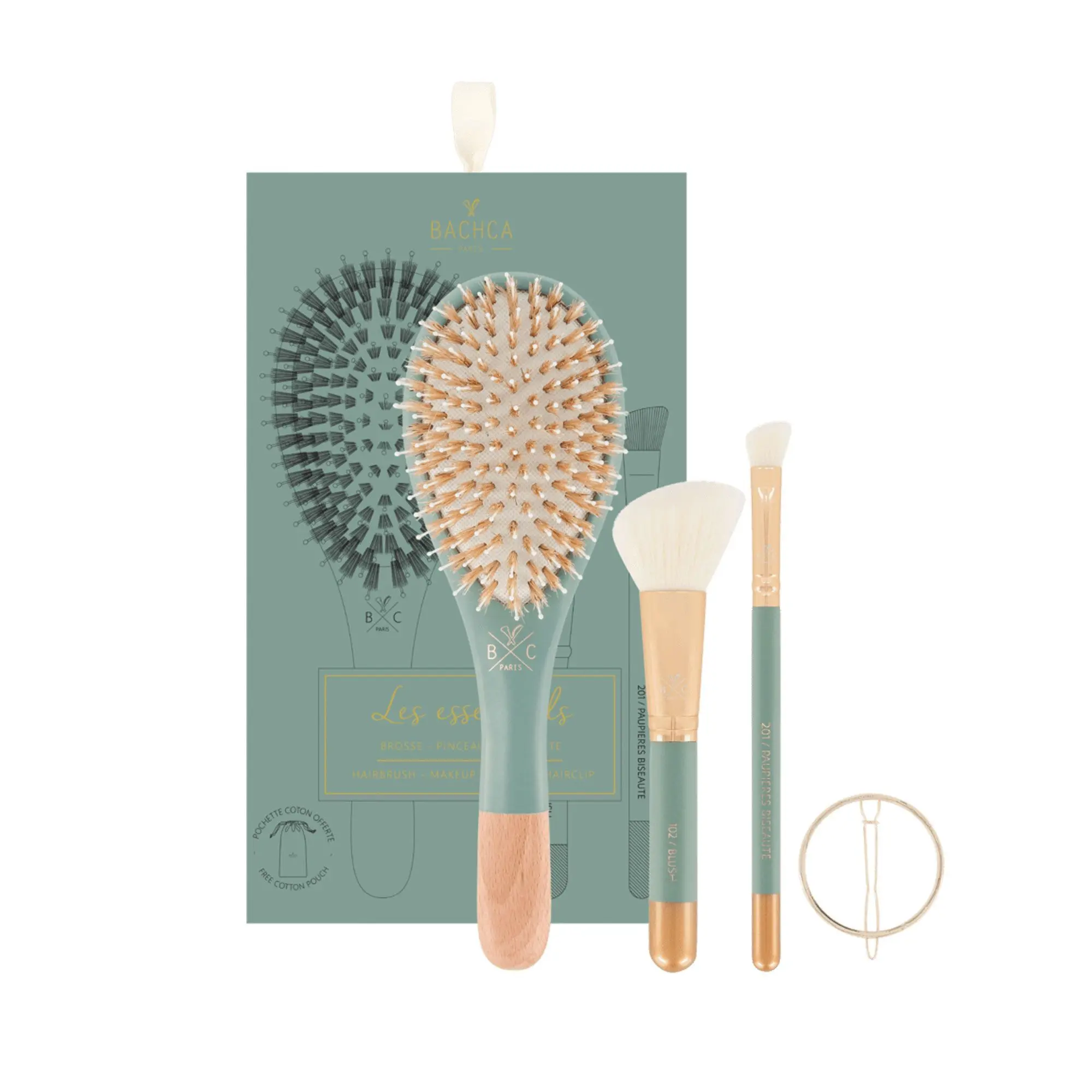 Bachca - Coffret Les essentiels Eucalyptus Brosse sanglier/nylon + pinceau blush + pinceau paupières biseauté + barrette ronde+ pochette coton- Tendance