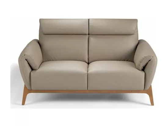 Canapé 2 places contemporain capitonné bois noyer et cuir Bima-Couleur Aqua 82 Taupe