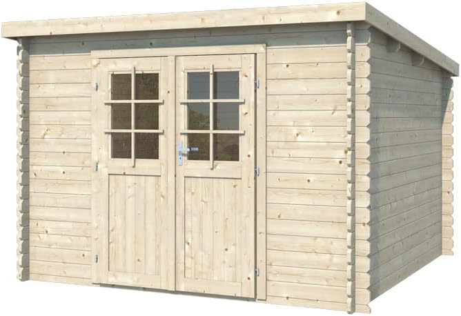 Holz Gartenhaus Blockbohlenhaus CA2974 | Wandstärke 28 mm | Naturbelassen | B x T x H: 298 x 259 x 203 cm | Doppeltür mit Echtglas