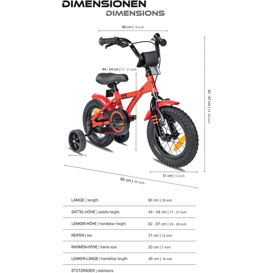 PROMETHEUS BICYCLES® RED HAWK Kinderfahrrad 12 in Rot und Schwarz ab 3 Jahre mit Stützräder