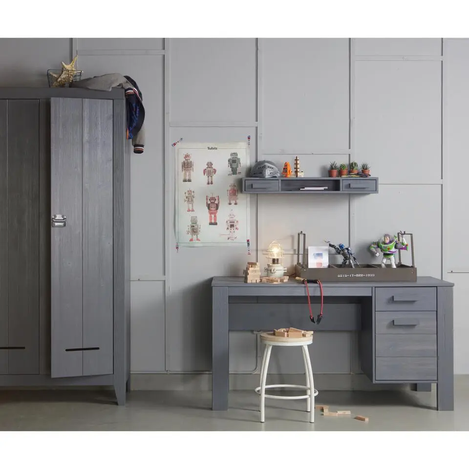 WOOOD Dennis Bureau - Grenen Geborsteld - Staal Grijs - 74x141x59
