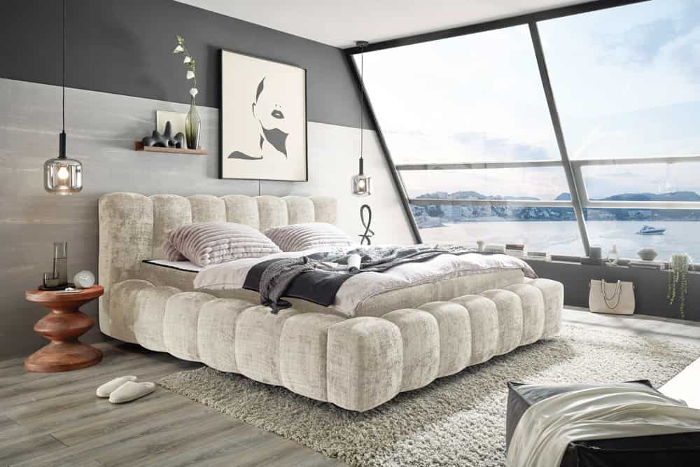 Design Polsterbett DIAMOND 180x200cm weiß Chenille Cremona inkl. Matratze Topper Lattenrost
