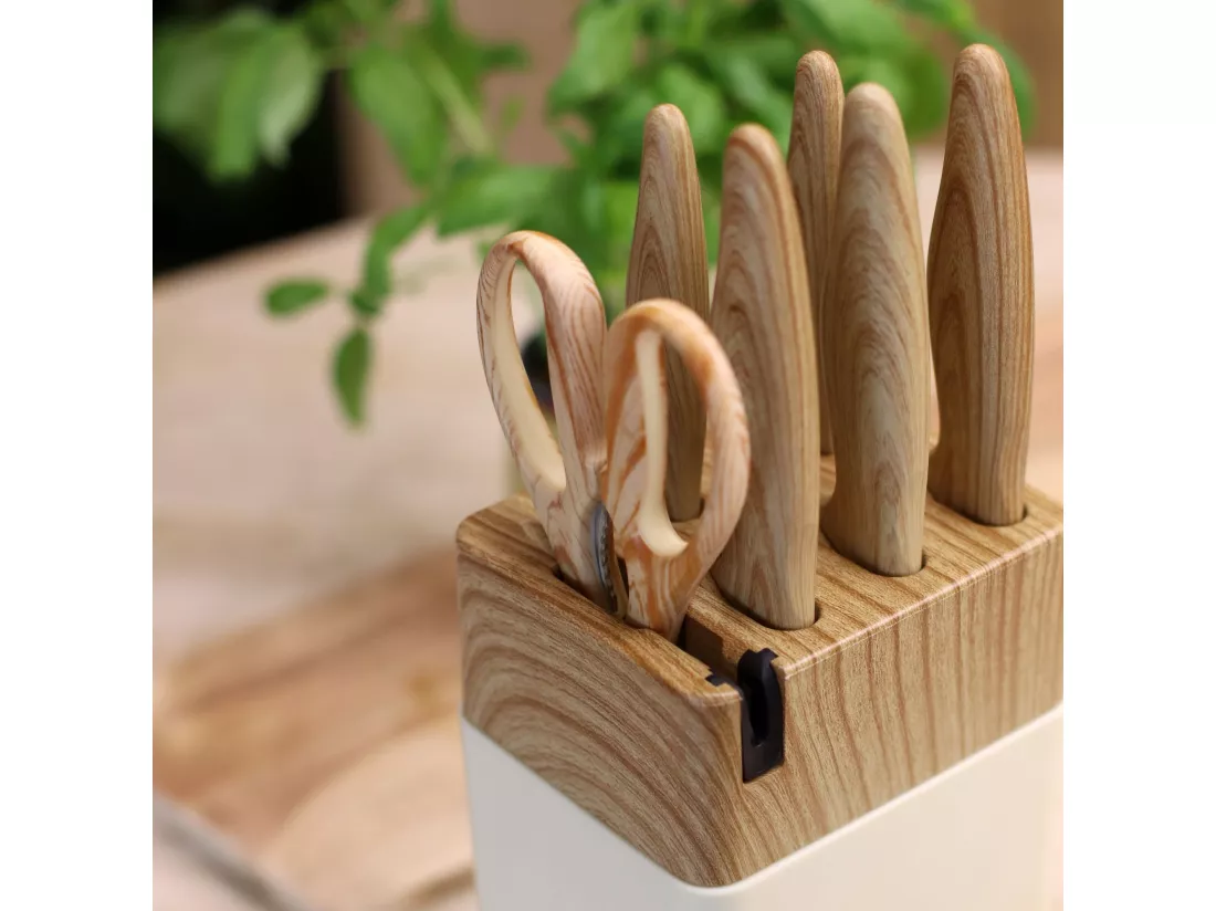 Menastyl - Bloc A Couteaux 6 Pieces En Polypropylene Creme Et Effet Bois