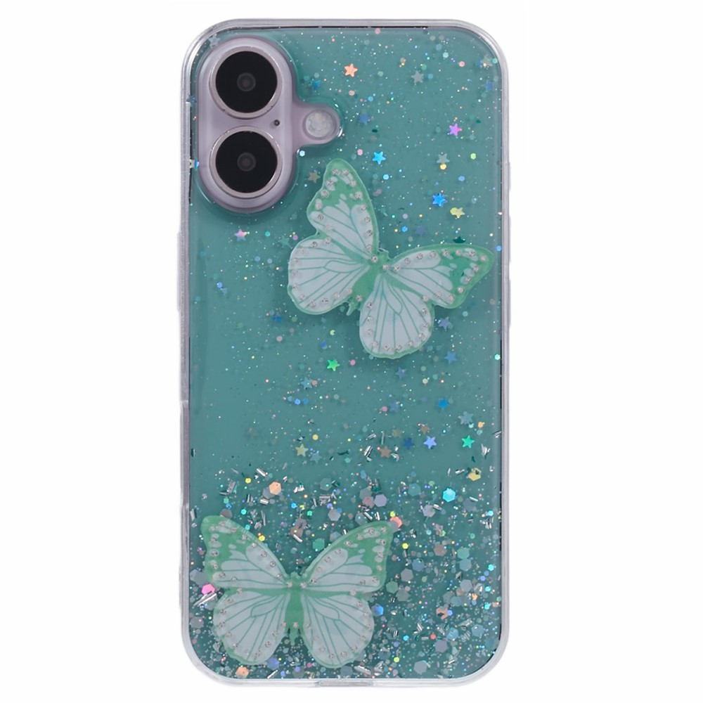 iPhone 16 Hybrid Hardcase Schutzhülle im Glitzer Design Schmetterling - Grün / Transparent