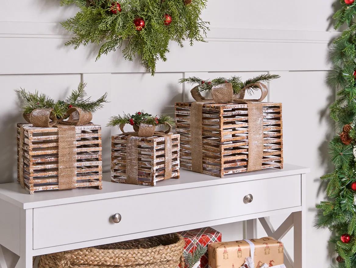 Set van 3 kerstdecoraties LED ROINE Kerstcadeaus 15/20/25 cm Bruin