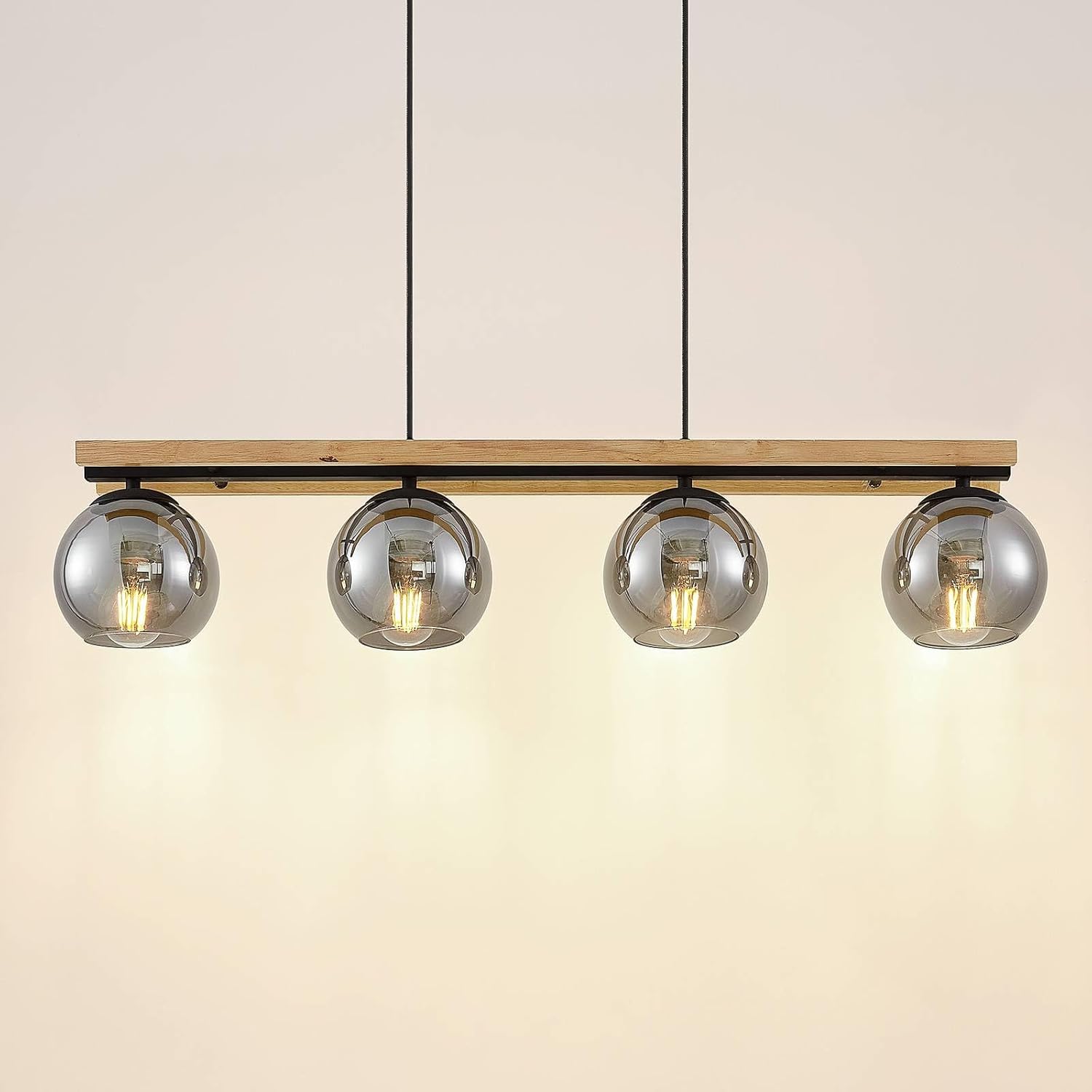 Lindby Esstisch Pendelleuchte Holz, Glas rauchgrau Hängeleuchte Rauchglas Esszimmer 4x E27 ohne Leuchtmittel Hängelampe Wohnzimmer Esszimmerlampe