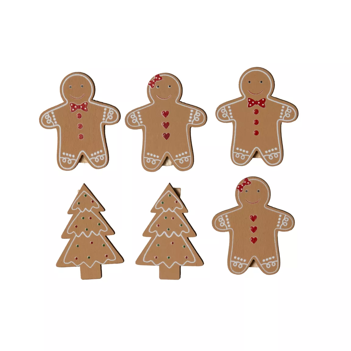 Lot de 4 bonhommes et 2 sapins (H12 cm) Pain d'épices en bois