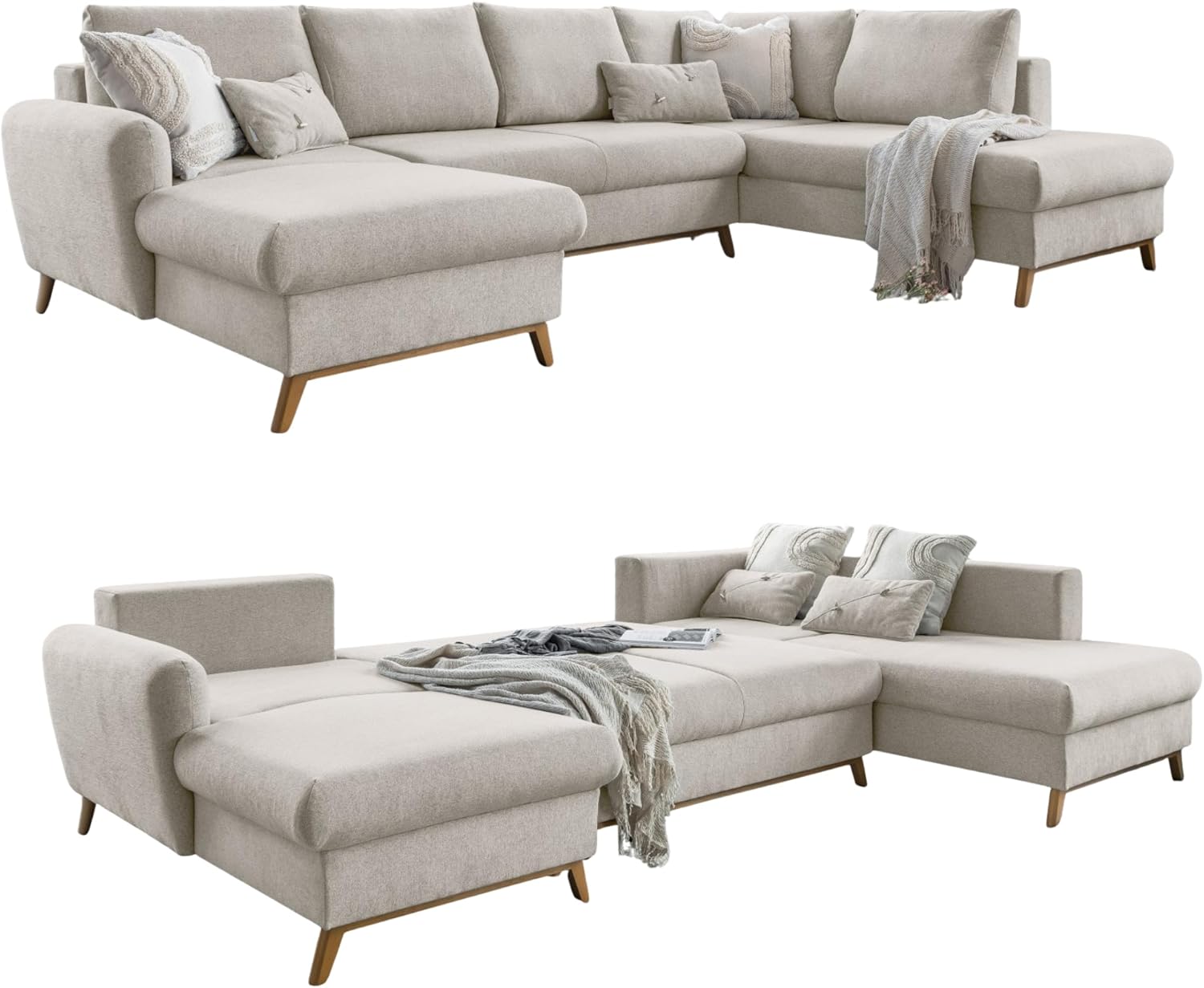 MIUFORM Scandic Lagom mit Bettkasten | 8 Sitzer Sofa | U-Form rechts | 312x202x90cm Couch | Klappsofa mit Schlaffunktion (Beige)