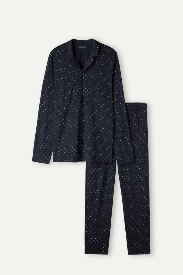 Pijama comprido aberto em algodão com estampa de bolinhas.