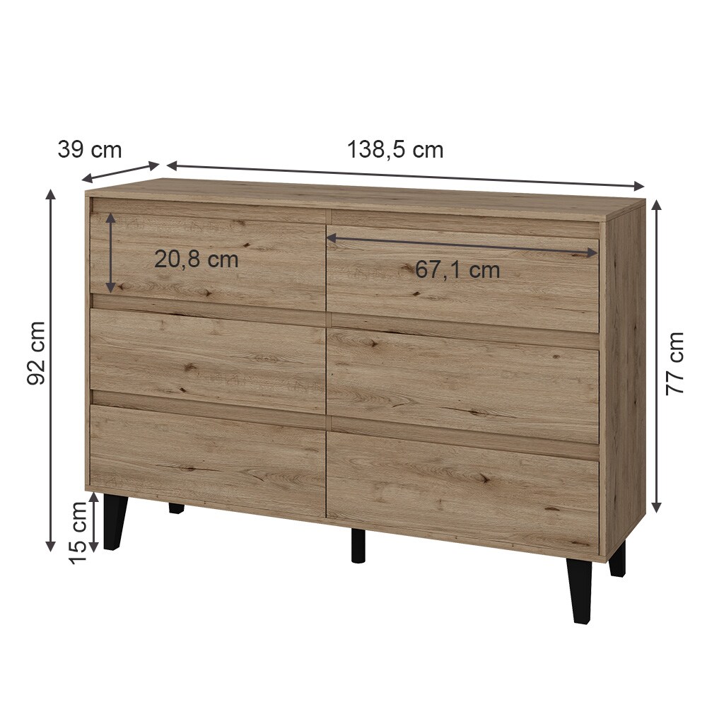 Vicco Sideboard Bahia Eiche 139 x 92 cm mit 6 Schubladen