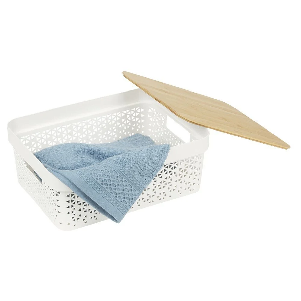 Panière de rangement blanche avec couvercle en bambou petit modèle