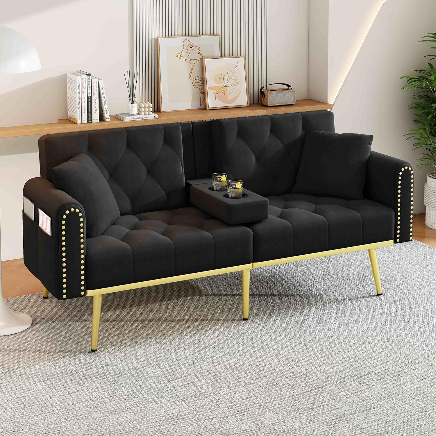 Doppelt ausklappbares Schlafsofa mit Liegefunktion, DREI verstellbaren Neigungswinkeln und Getränkehalter，für Wohnzimmer, Schlafzimmer, Heimkino oder Gästezimmer， Stoffbezug， Schwarz