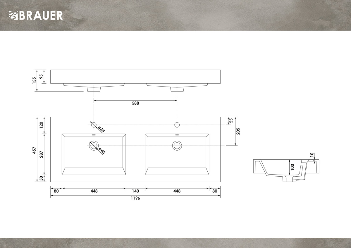 Brauer Solar Thick dubbele wastafel mineraalmarmer 120cm met 2 kraangaten wit glans