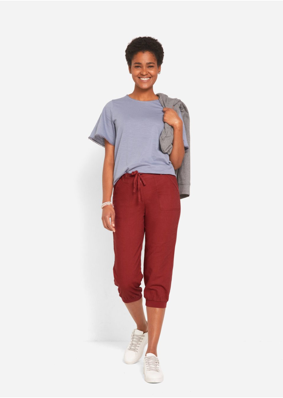 Pantalon en lin 3/4 avec taille confortable, Loose-Fit