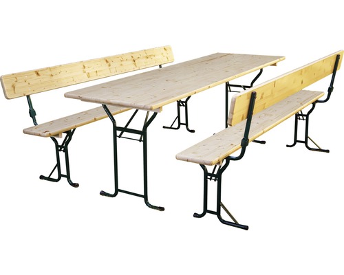 Biertentset met rugleuning, 3-delige set: tafel 220 x 70 cm, banken 220 x 25 cm, sparrenhout, groen/naturel