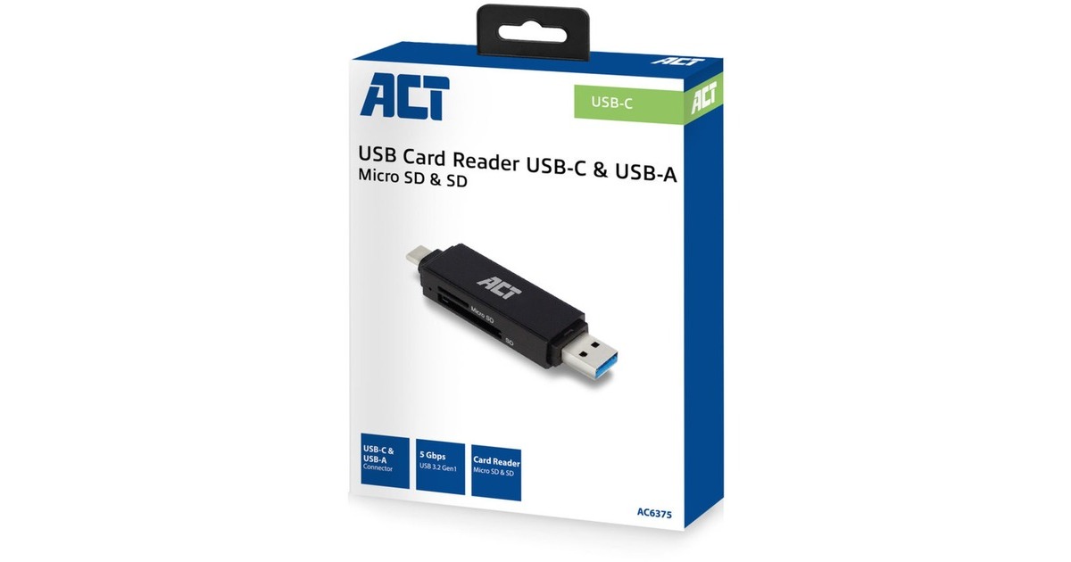 ACT ConnectivityUSB-C/USB-A kaartlezer, SD/micro SD  (Zwart)