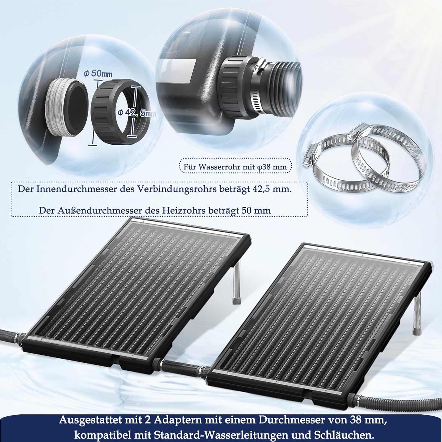 AufuN 2 Sets Poolheizung Solar Sonnenkollektor 110x69x14 cm Solarheizung Pool 10000 L/h Höhenverstellbar 38mm Anschluss Warmwasser Heizungen Solarmatte für Schwimmbad, Garten, Gartendusche Pool