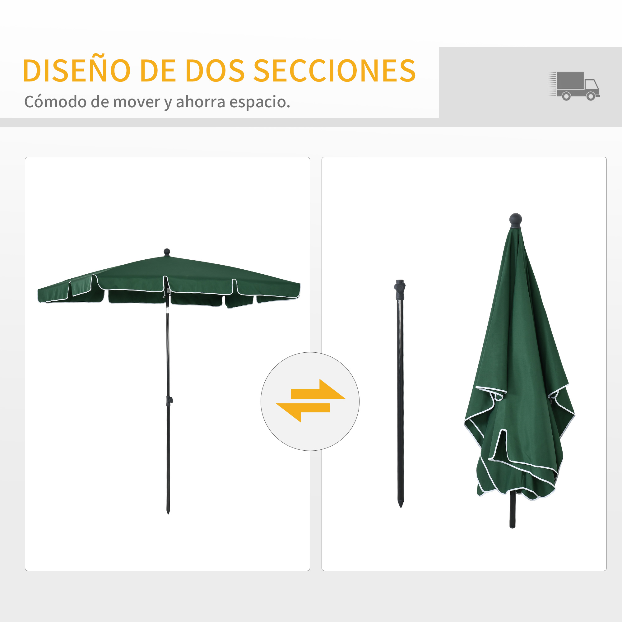 Guarda-sol de jardim retangular Outsunny em alumínio, 198x130x245 cm, com função de inclinação, ideal para terraços, pátios e áreas externas na cor verde.
