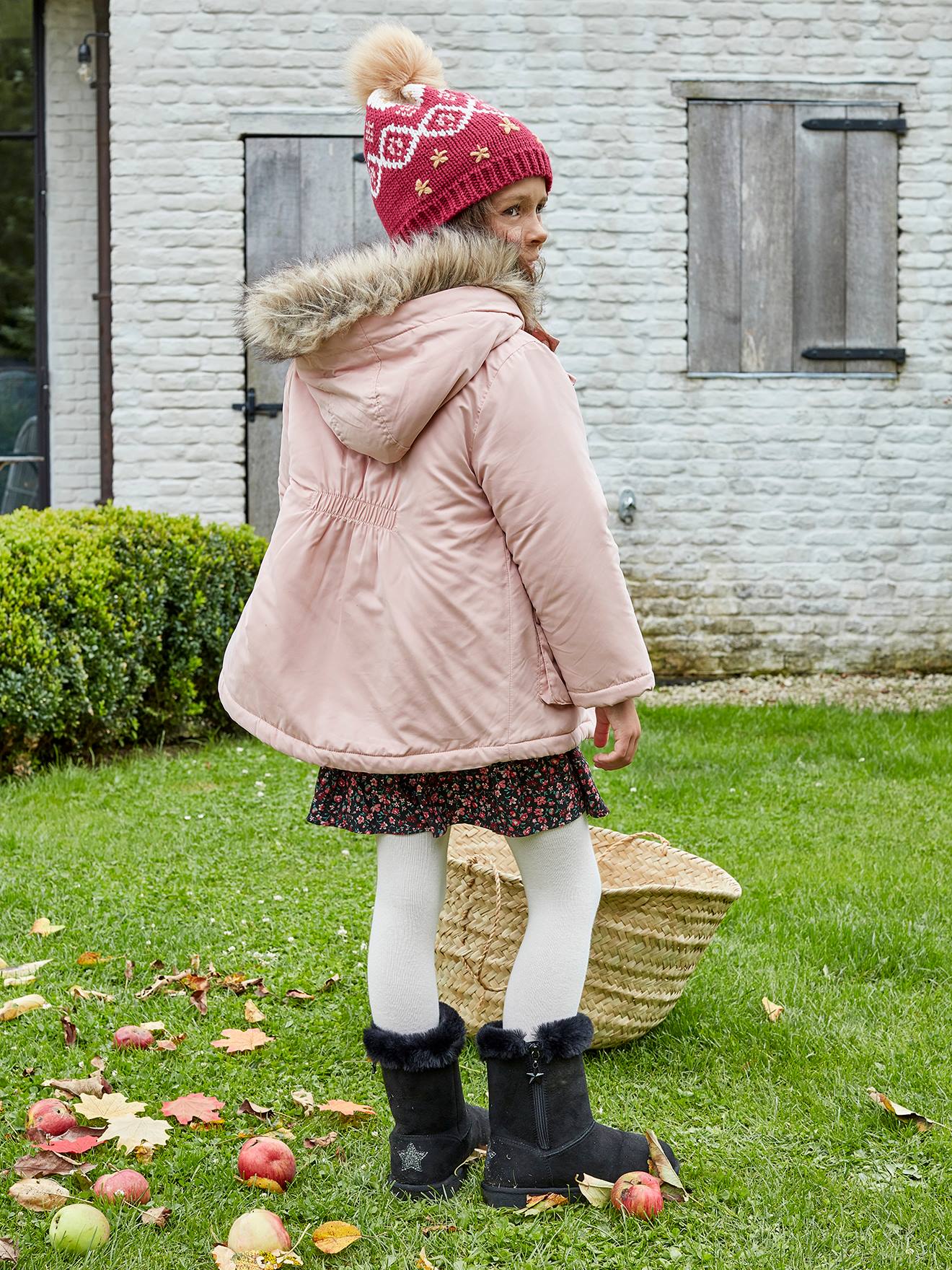 Parka com capuz 3 em 1, jaqueta acolchoada e enchimento de poliéster reciclado, para meninas, rosa escuro liso.