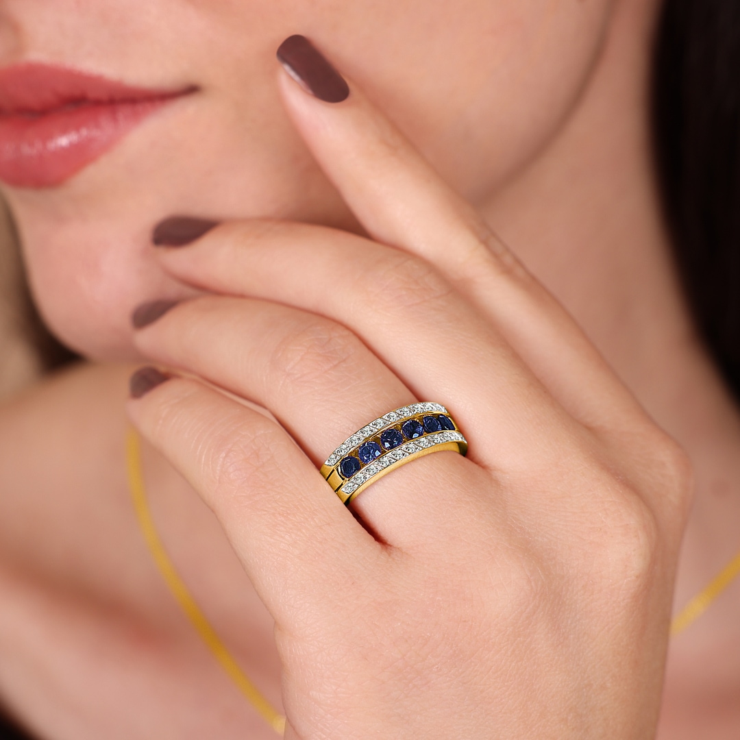 Saphirring 750/18 K Gelbgold mit Diamanten 0.14 ct H/si