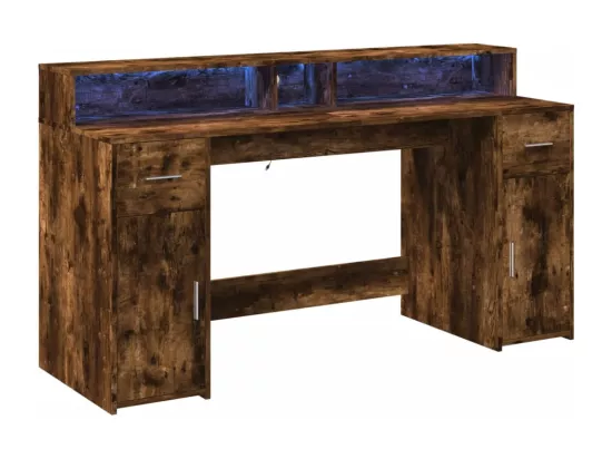Bureau et lumières LED chêne fumé 160x55x91cm bois d'ingénierie