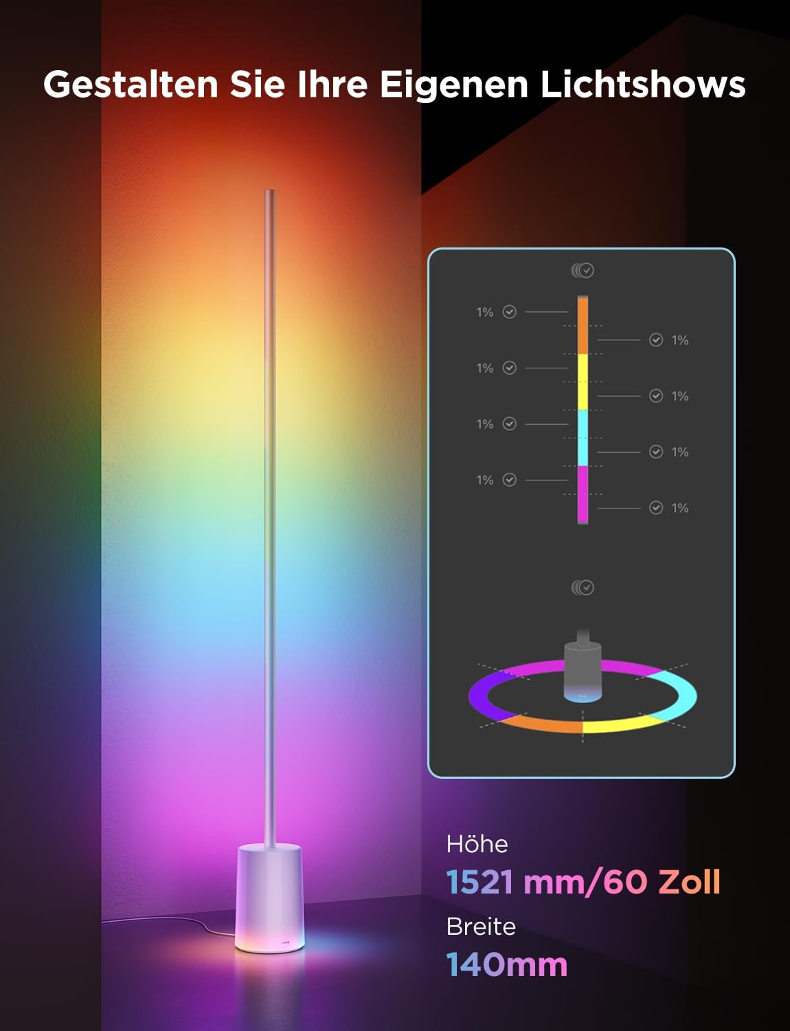 Govee RGBIC Stehlampe, LED-Stehlampe mit über 64 Szenen, DIY-Modus, Musiksynchronisation, 1700 Lumen, Moderne Lampe für Schlafzimmer, Arbeit mit Alexa und Google Assistant, App-Steuerung, Grau, H607C