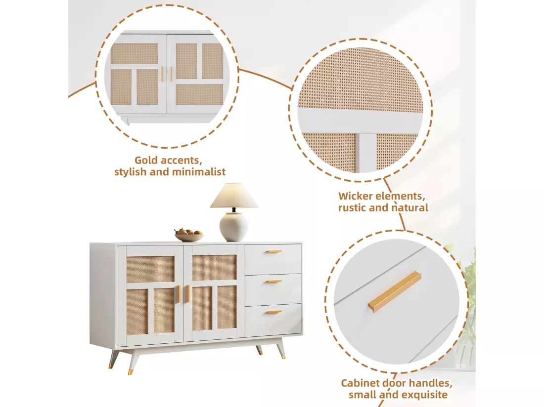 Buffet 160x40x87cm - avec 2 portes en rotin et 3 tiroirs - Blanc