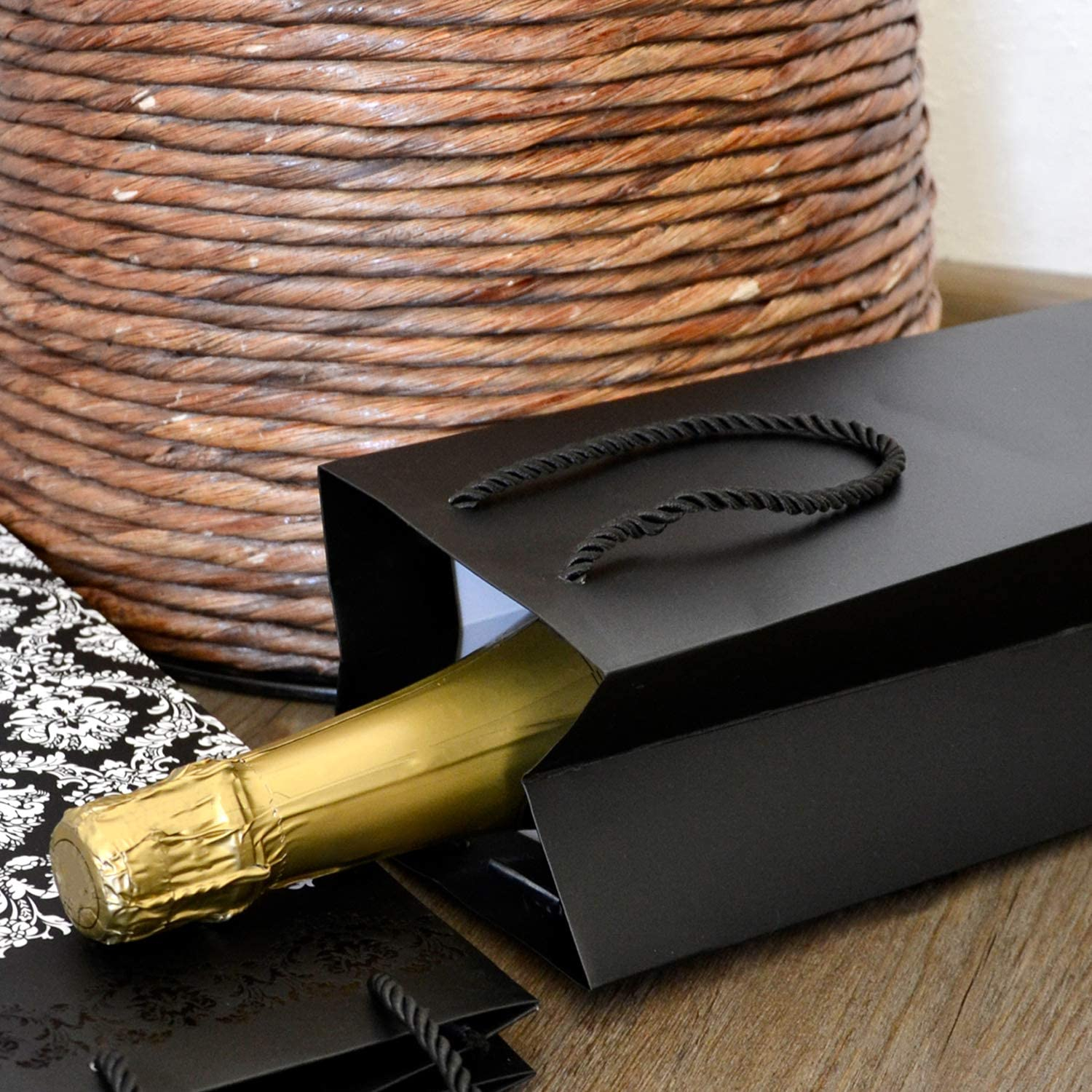 (10er Set) Papier Wein Flaschen Tasche Flaschenträger Geschenk Tüte für Champagner / Wein / Sekt - Schwarz