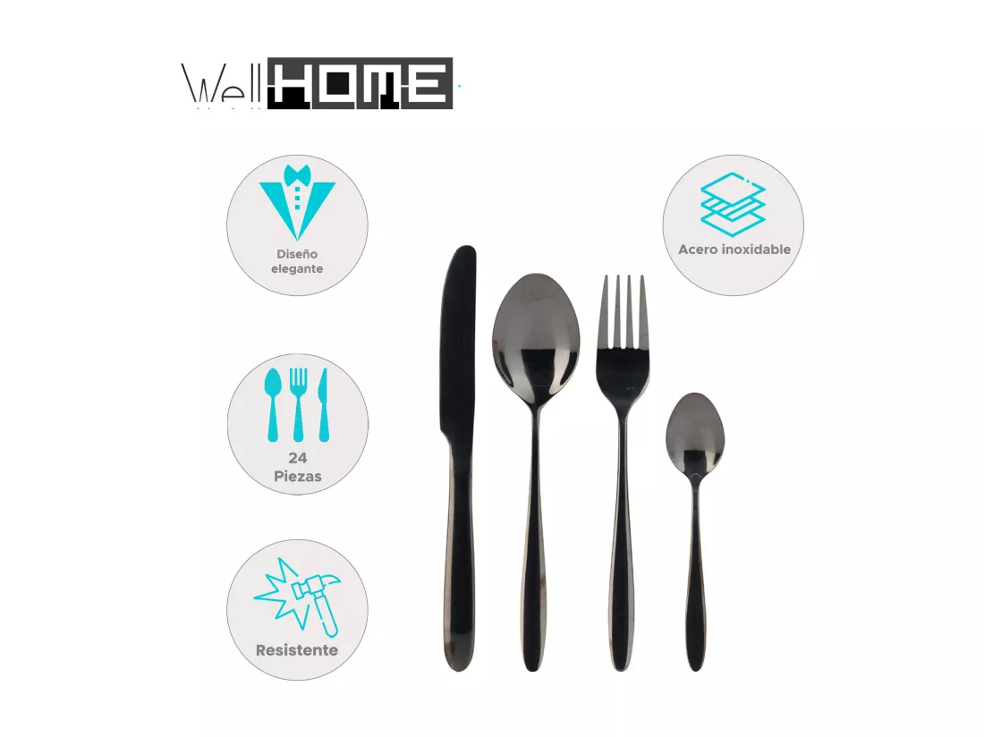 Well Home Lot de 24 couverts en acier inoxydable avec revêtement noir