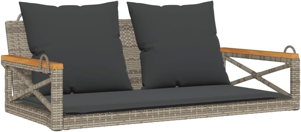 Hollywoodschaukel, Hängebank mit Kissen, Grau, 109x62x40 cm, Poly Rattan, Gartenmöbel für Terrasse, Schaukelbank